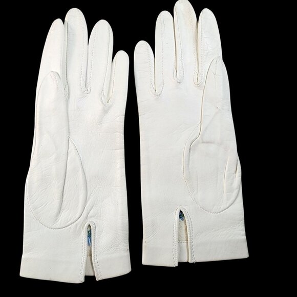 Vintage Womens White Leather Gloves With Floral Embroidery Size 6.5 - Picture 2 of 4